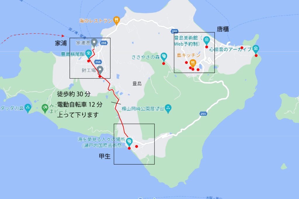 豊島家浦から甲生への地図